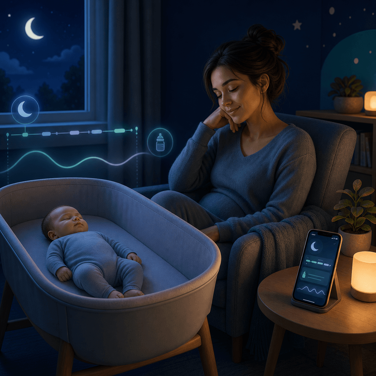 A mother resting beside her sleeping baby with the Nurtumi app nearby